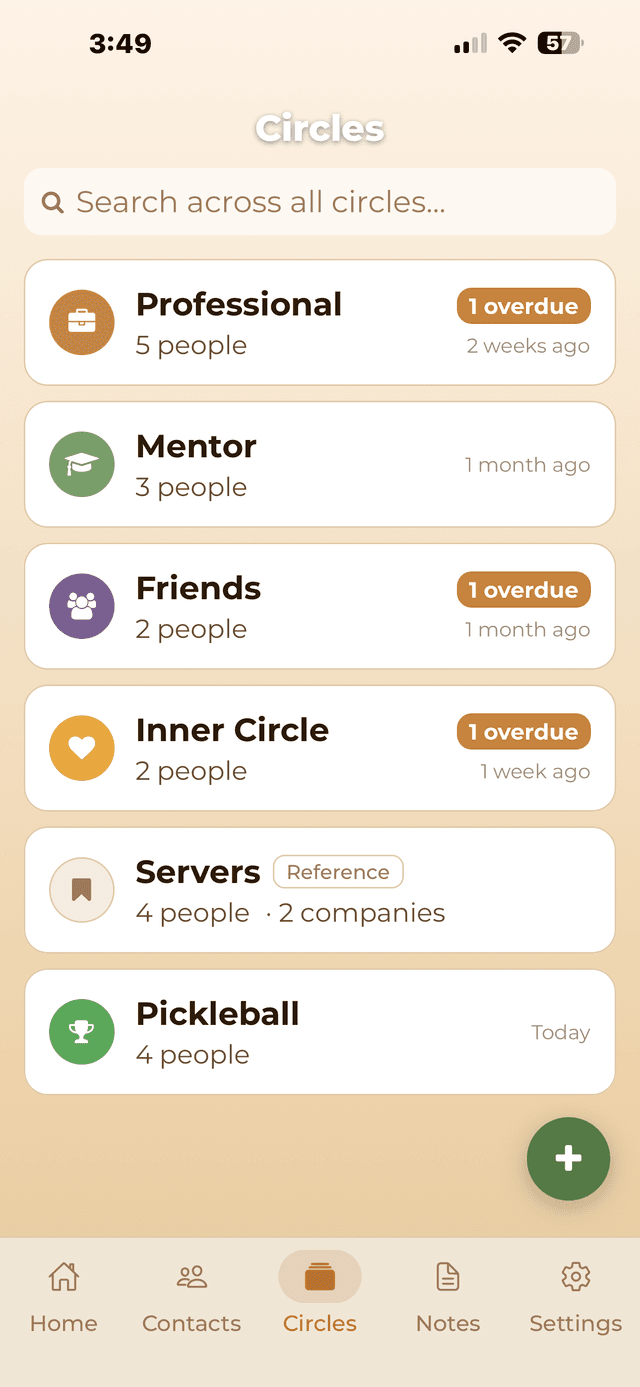 Circles tab with Professional, Mentor, Friends, Inner Circle, Servers reference circle, and Pickleball