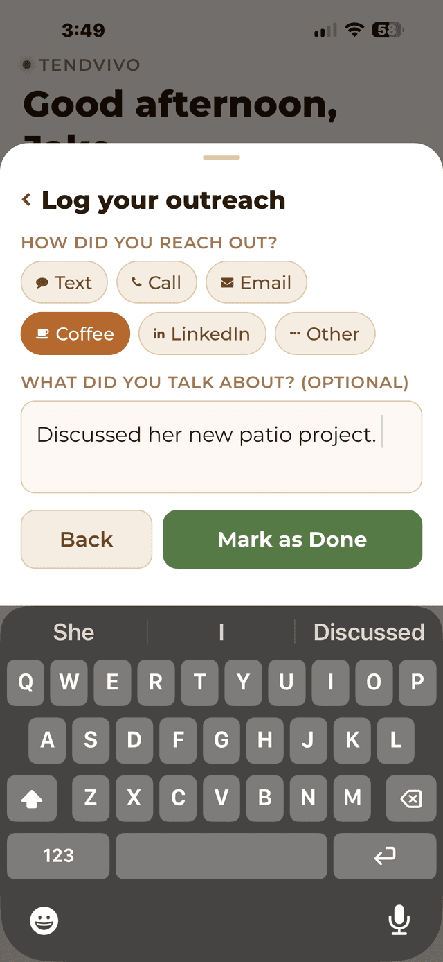 Log outreach screen with method selection and conversation note field
