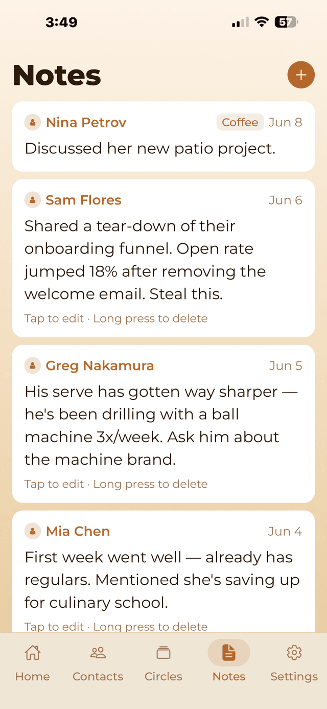 Notes tab with recent conversation entries for Nina Petrov, Sam Flores, Greg Nakamura, and Mia Chen
