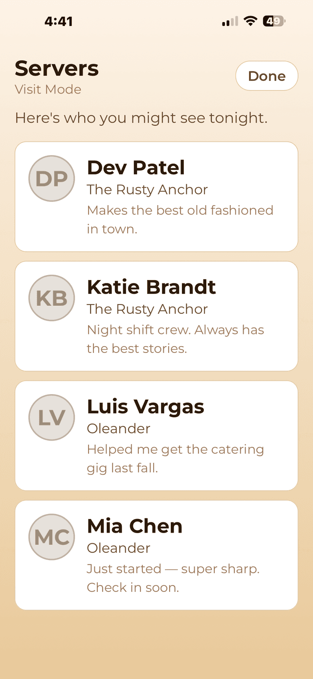 Visit Mode for Servers circle showing Dev Patel, Katie Brandt, Luis Vargas, and Mia Chen with notes
