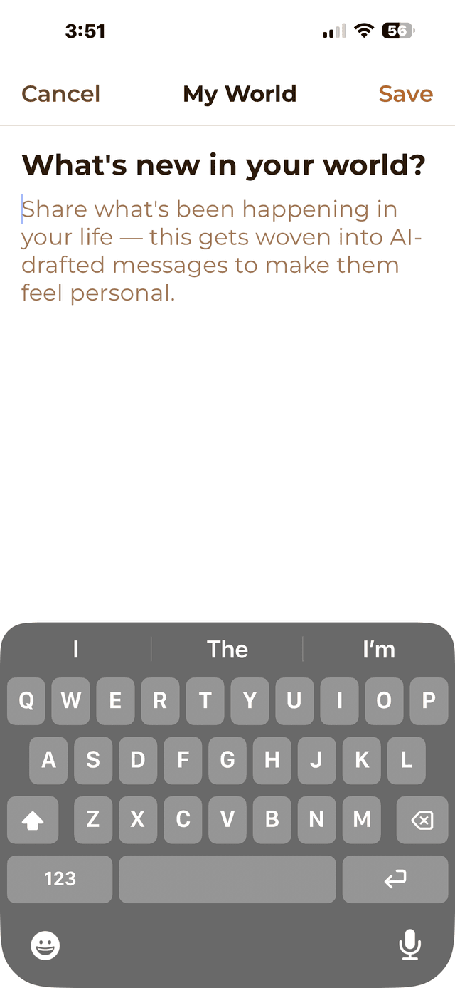 My World screen asking: What's new in your world?